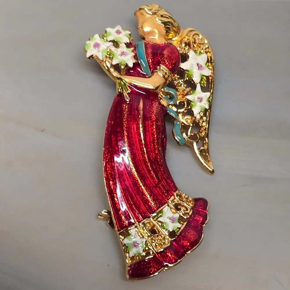 Christopher Radko Christmas Angel Brooch Gold Tone Red Enamel Signed Rare VTG - Picture 6 of 9